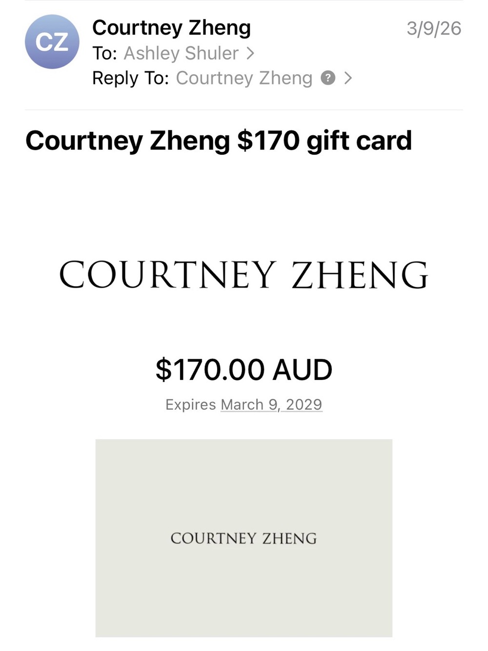 Courtney Zheng gift card